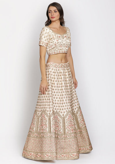 Gold Stonework Raw Silk Designer Semi-Stitched Lehenga - koskii