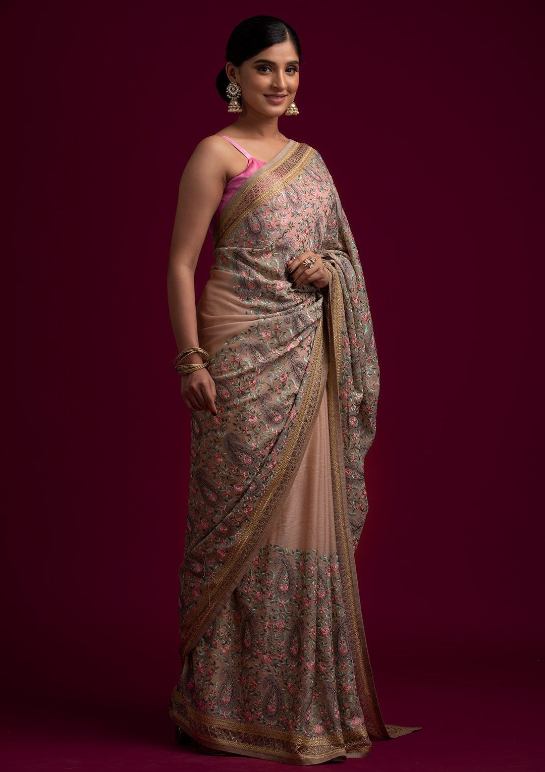 Gold Swarovski Georgette Designer Saree - koskii