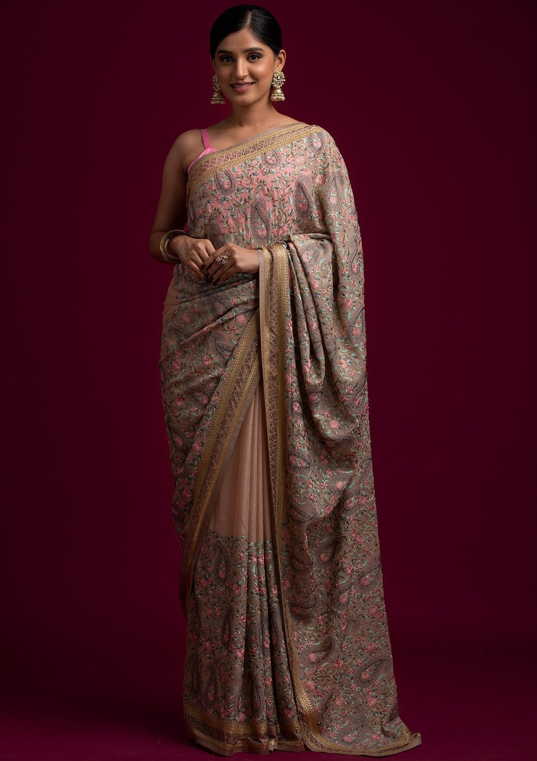 Gold Swarovski Georgette Designer Saree - koskii