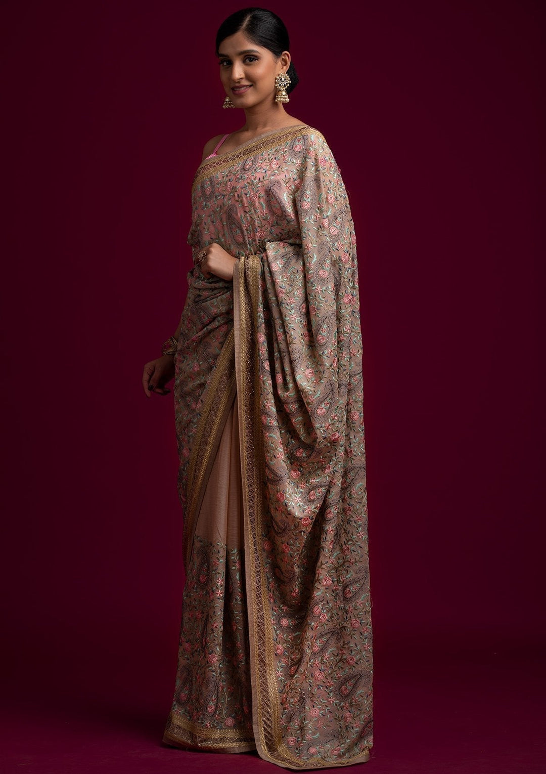 Gold Swarovski Georgette Designer Saree - koskii