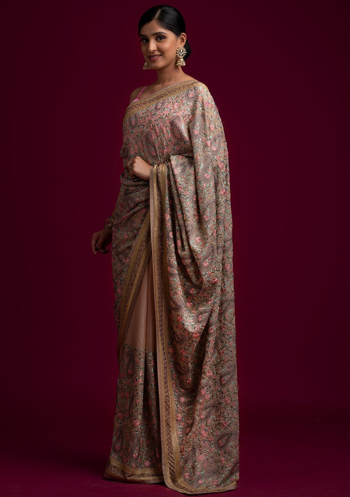 Gold Swarovski Georgette Designer Saree - koskii