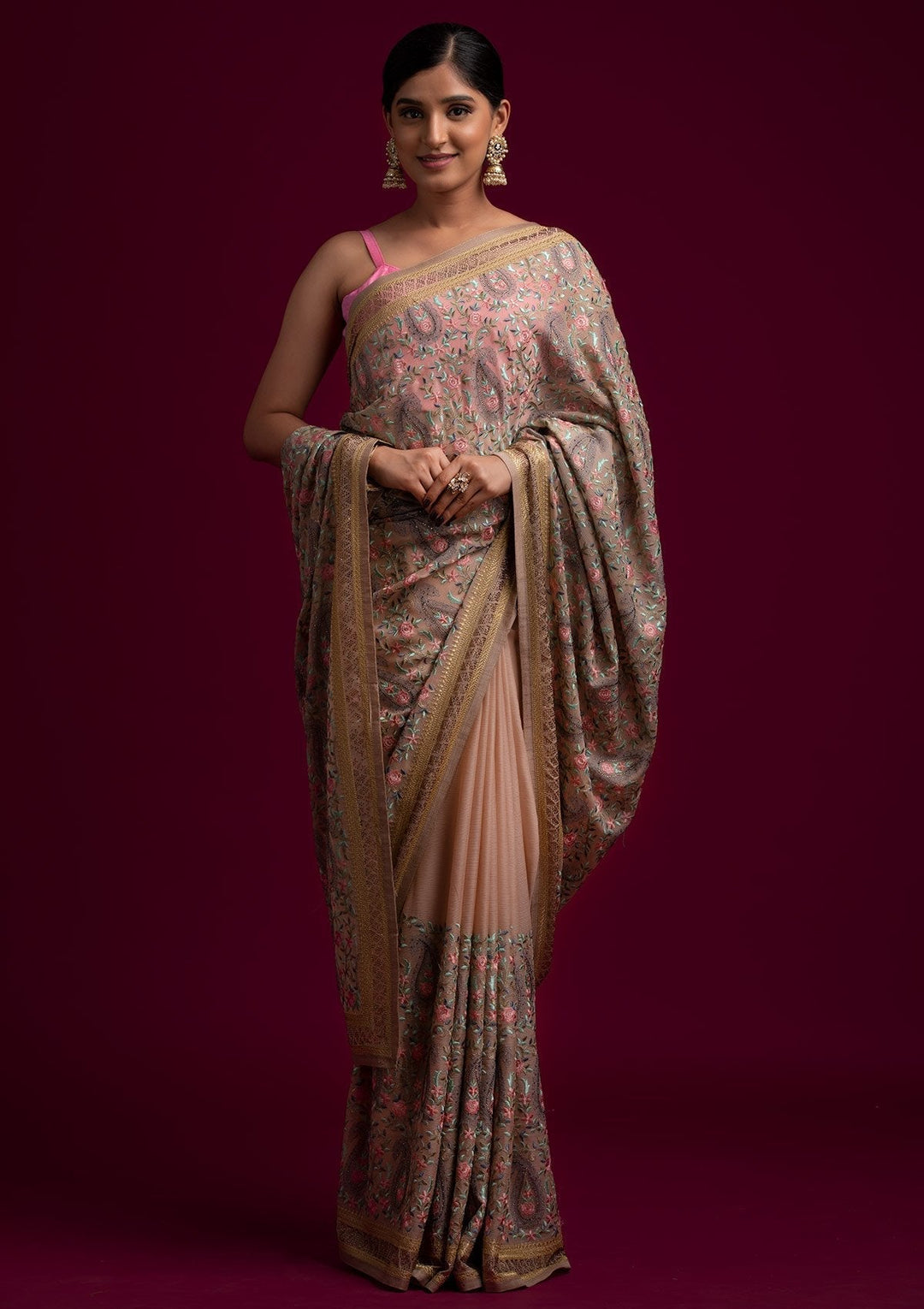 Gold Swarovski Georgette Designer Saree - koskii