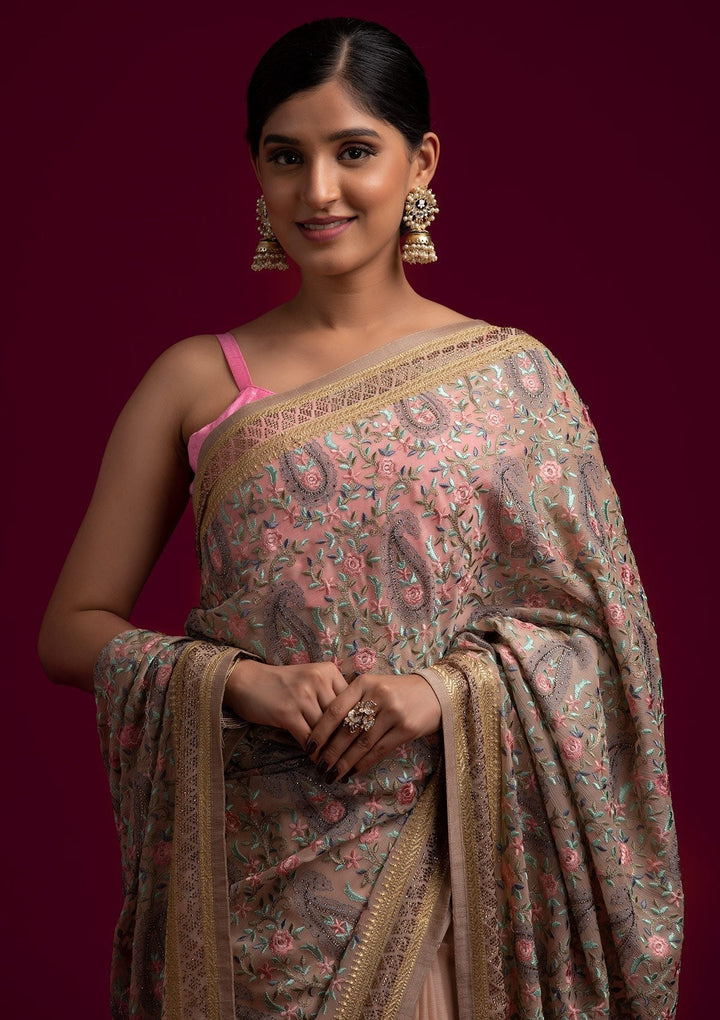 Gold Swarovski Georgette Designer Saree - koskii