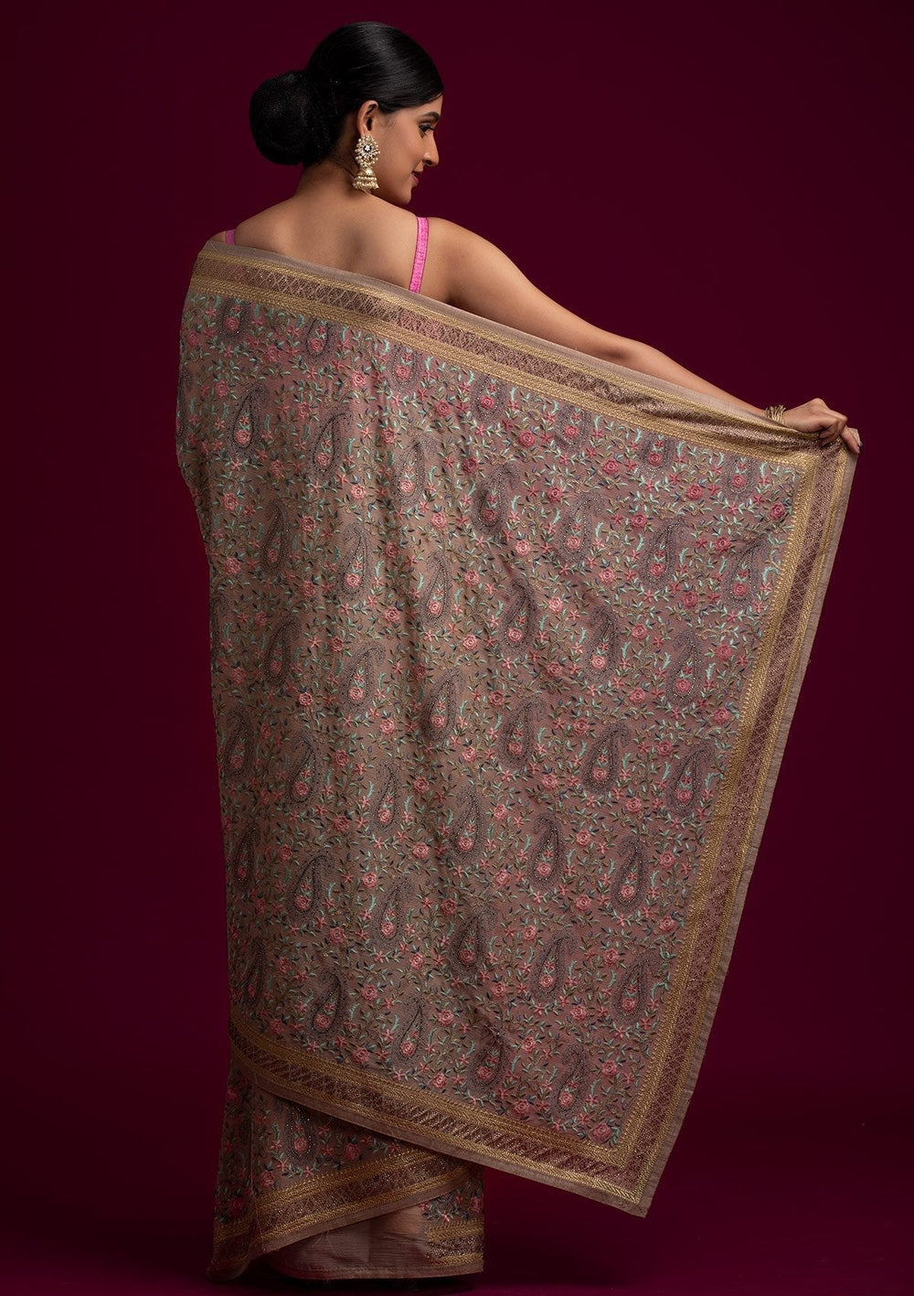 Gold Swarovski Georgette Designer Saree - koskii