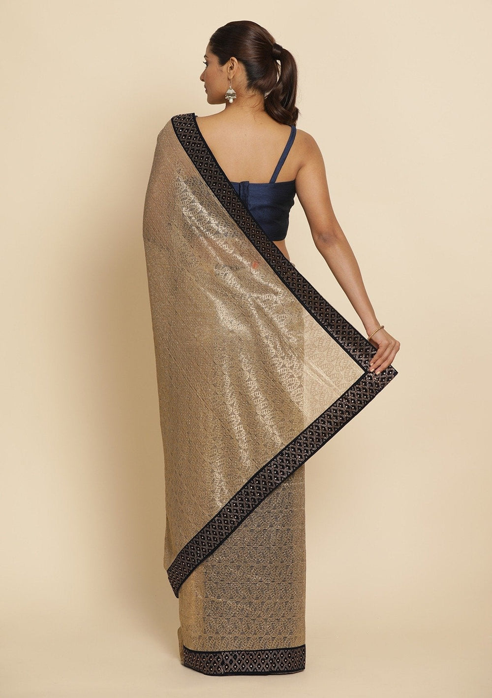 Gold Swarovski Net Designer Saree - koskii