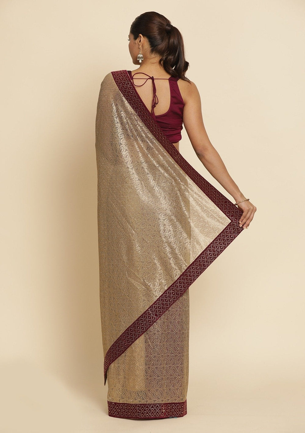 Gold Swarovski Net Designer Saree - koskii