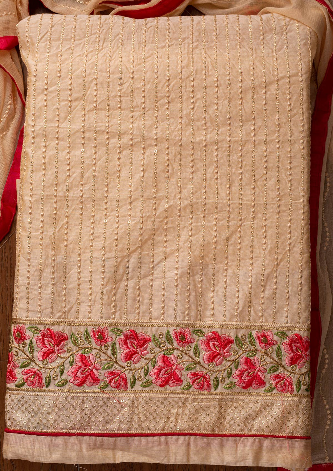 Gold Threadwork Chanderi Designer Unstitched Salwar Suit - koskii