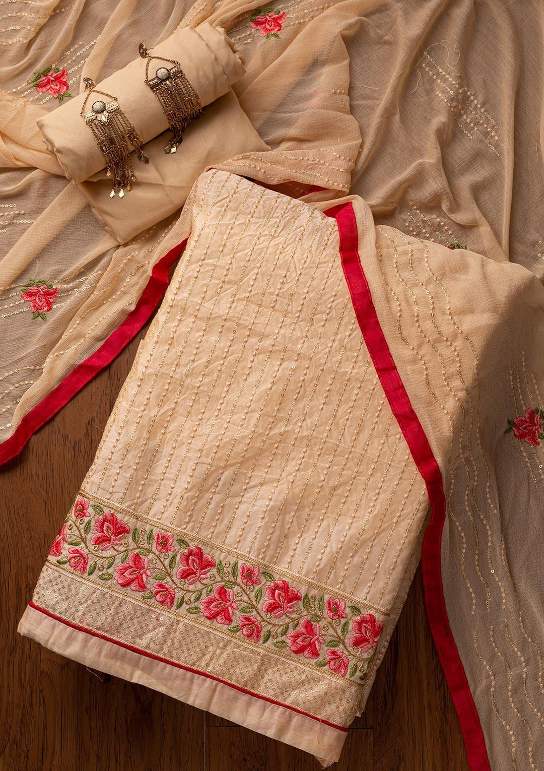 Gold Threadwork Chanderi Designer Unstitched Salwar Suit - koskii