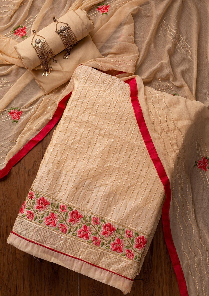 Gold Threadwork Chanderi Designer Unstitched Salwar Suit - koskii