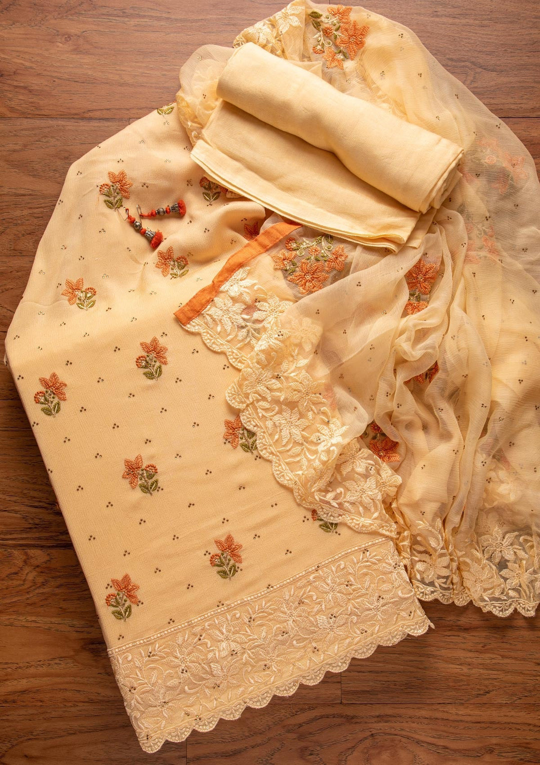 Gold Threadwork Chiffon Designer Unstitched Salwar Suit - koskii