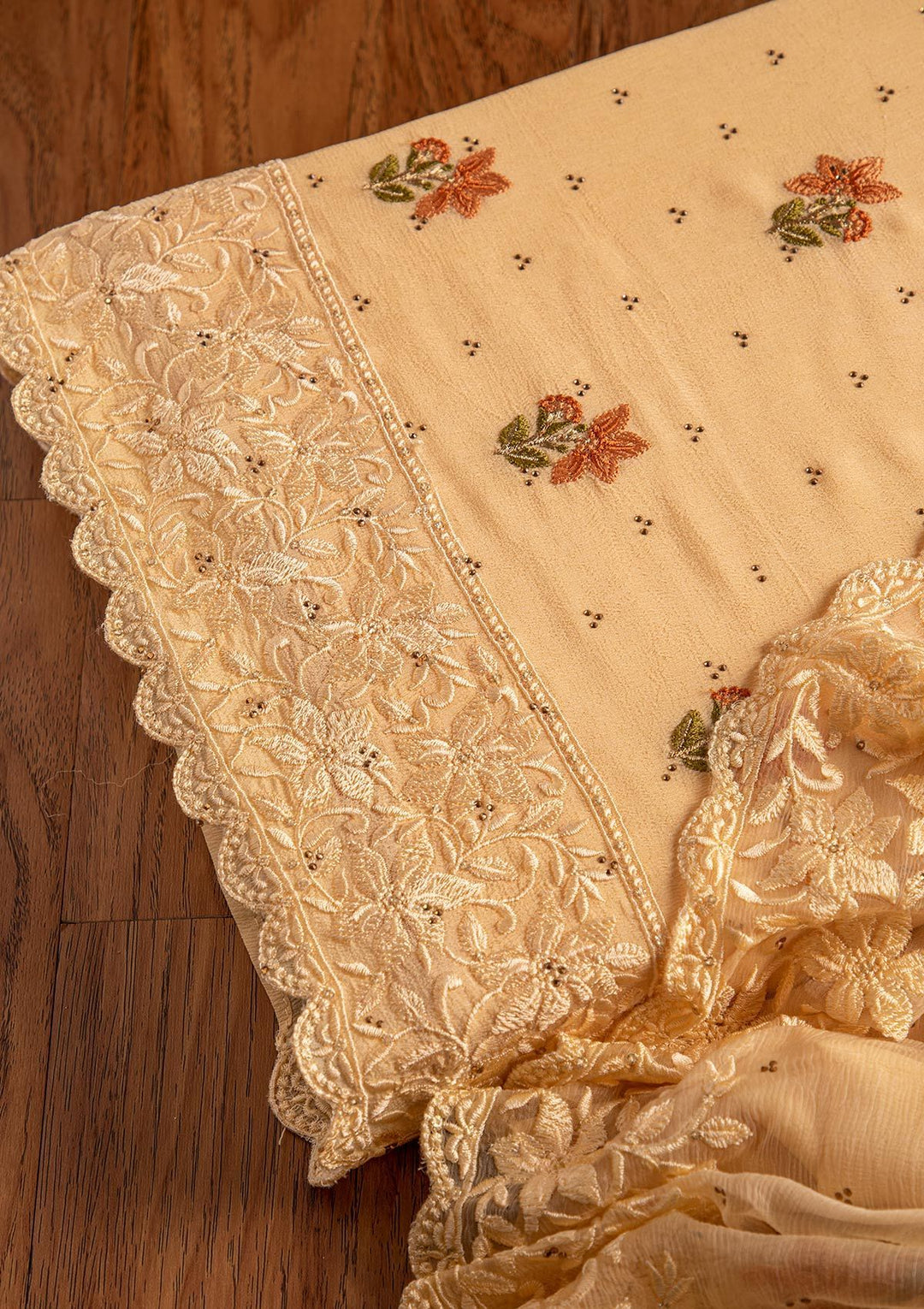 Gold Threadwork Chiffon Designer Unstitched Salwar Suit - koskii