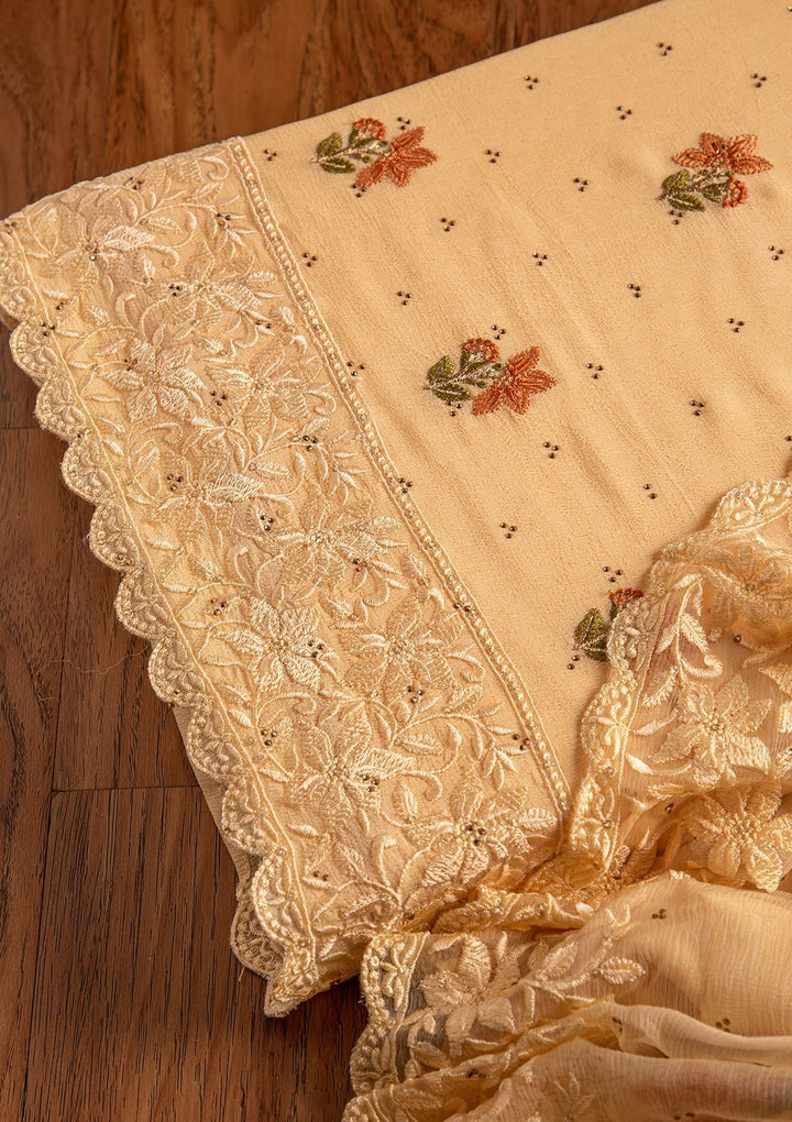Gold Threadwork Chiffon Designer Unstitched Salwar Suit - koskii