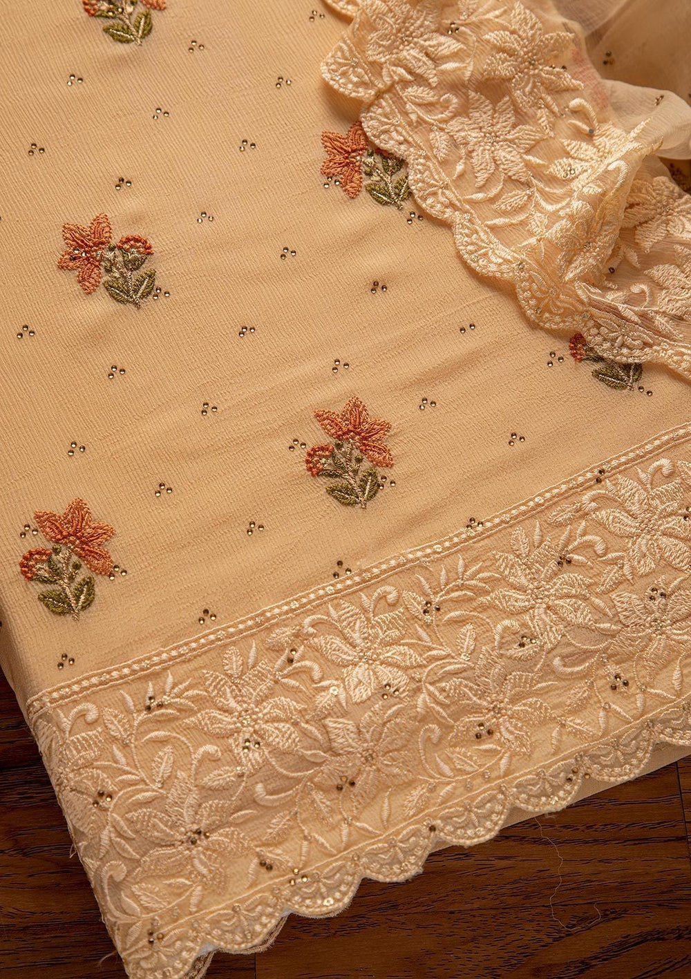 Gold Threadwork Chiffon Designer Unstitched Salwar Suit - koskii