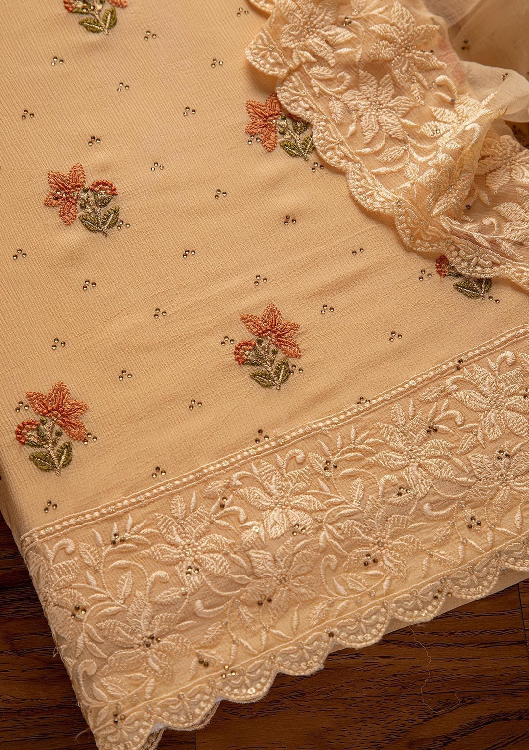 Gold Threadwork Chiffon Designer Unstitched Salwar Suit - koskii