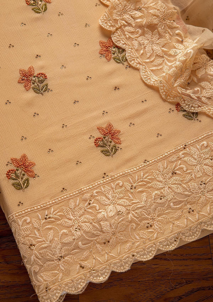 Gold Threadwork Chiffon Designer Unstitched Salwar Suit - koskii