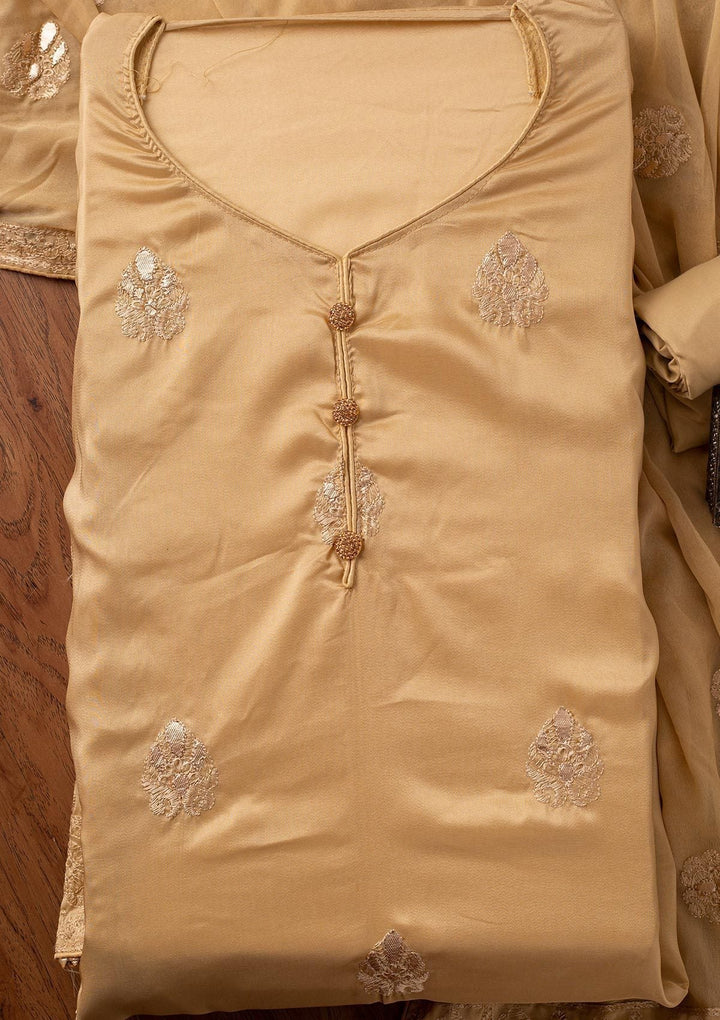 Gold Threadwork Semi Crepe Designer Unstitched Salwar Suit - koskii