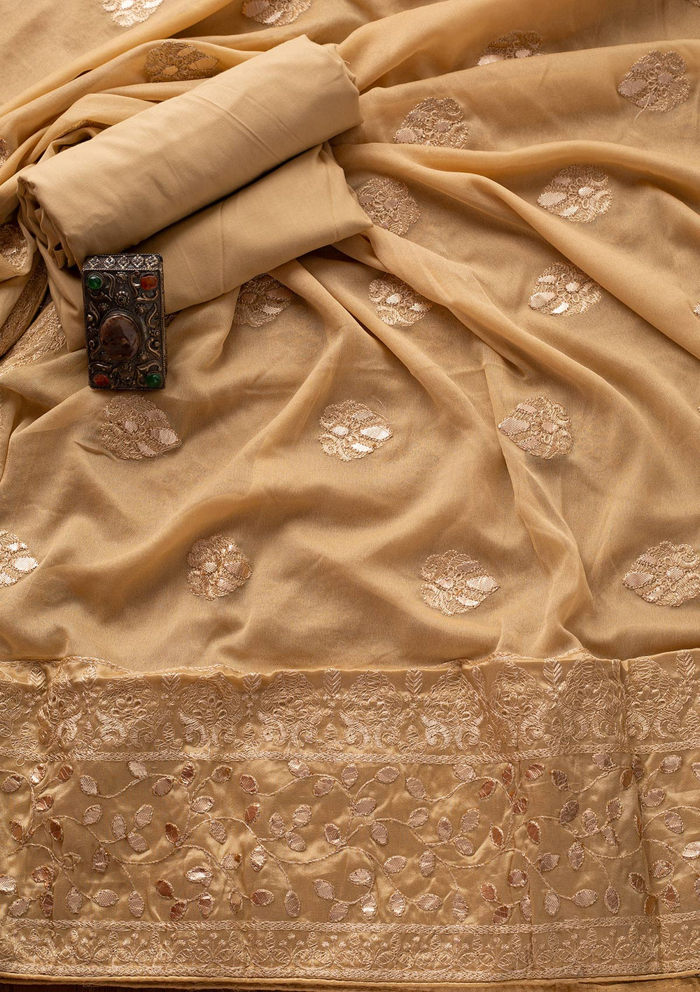 Gold Threadwork Semi Crepe Designer Unstitched Salwar Suit - koskii