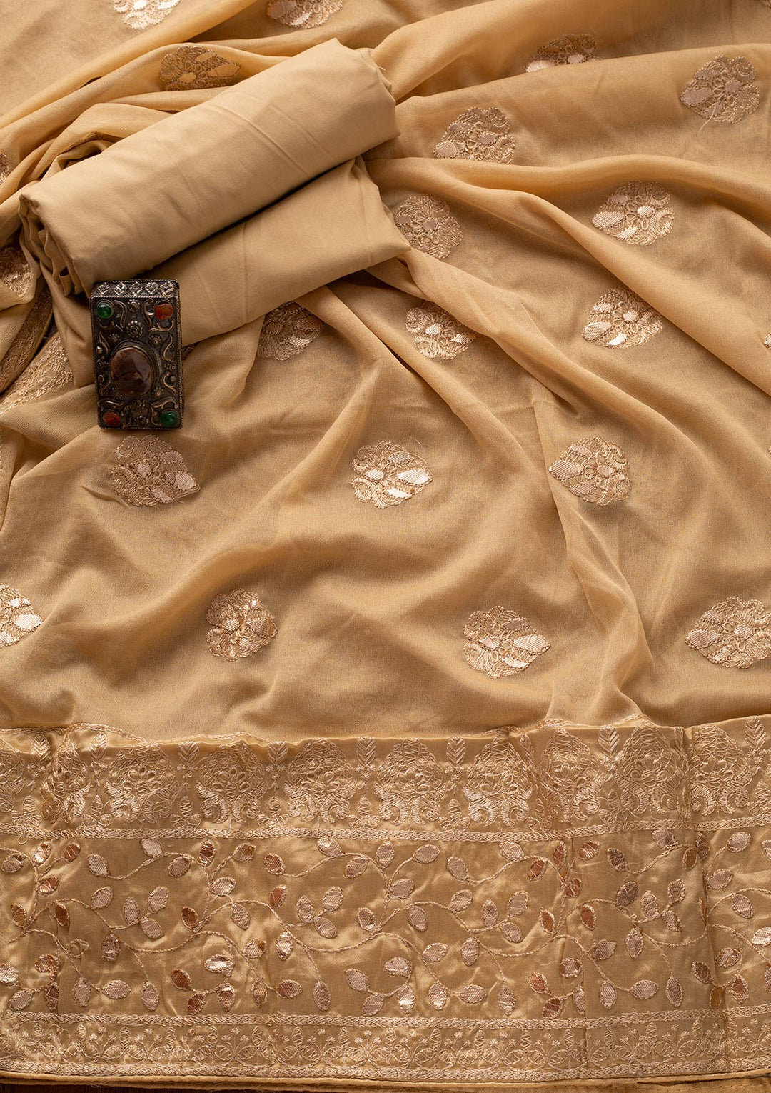 Gold Threadwork Semi Crepe Designer Unstitched Salwar Suit - koskii