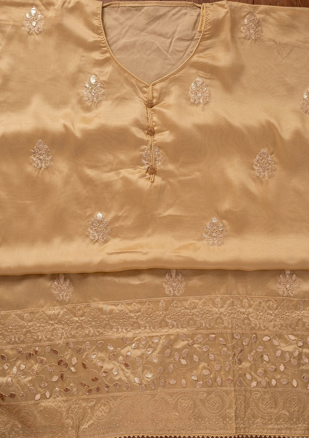Gold Threadwork Semi Crepe Designer Unstitched Salwar Suit - koskii