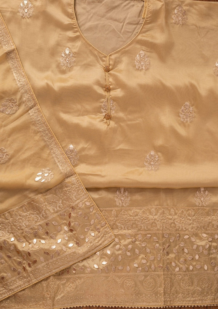 Gold Threadwork Semi Crepe Designer Unstitched Salwar Suit - koskii