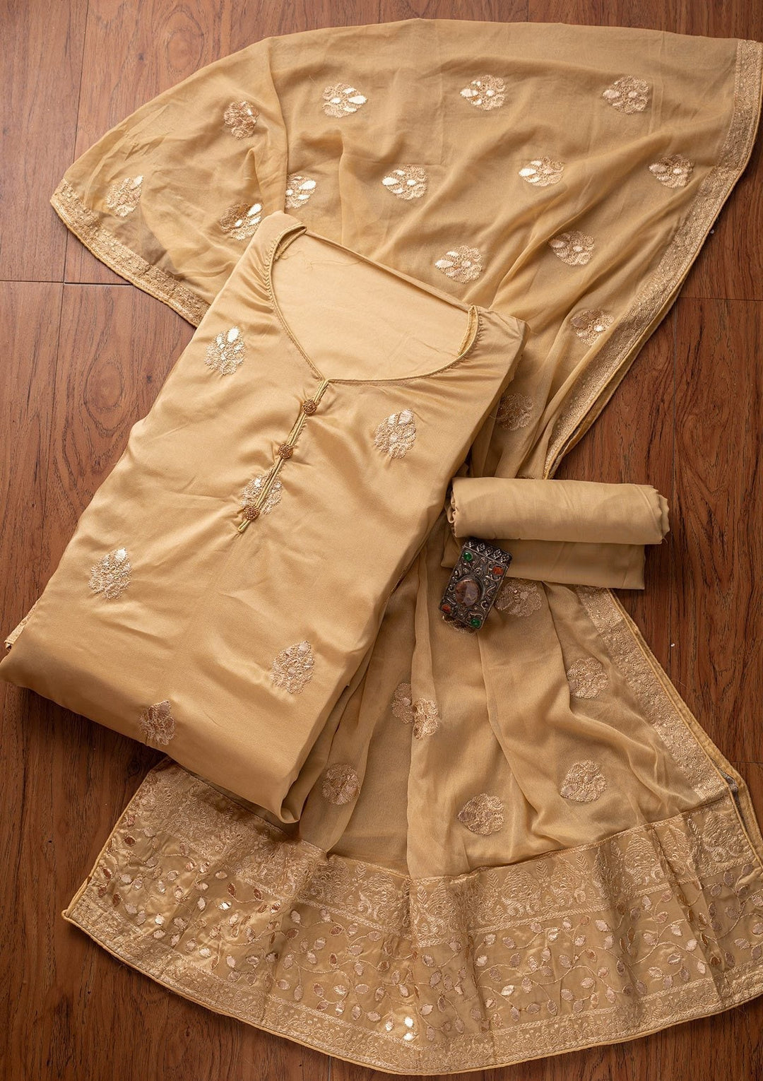 Gold Threadwork Semi Crepe Designer Unstitched Salwar Suit - koskii