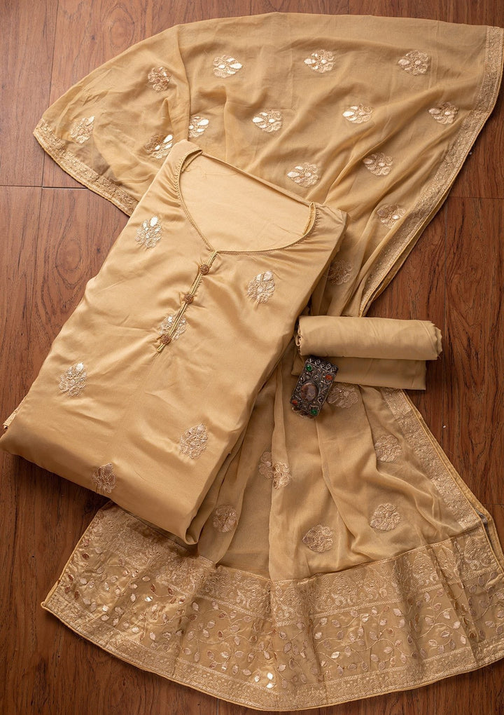 Gold Threadwork Semi Crepe Designer Unstitched Salwar Suit - koskii