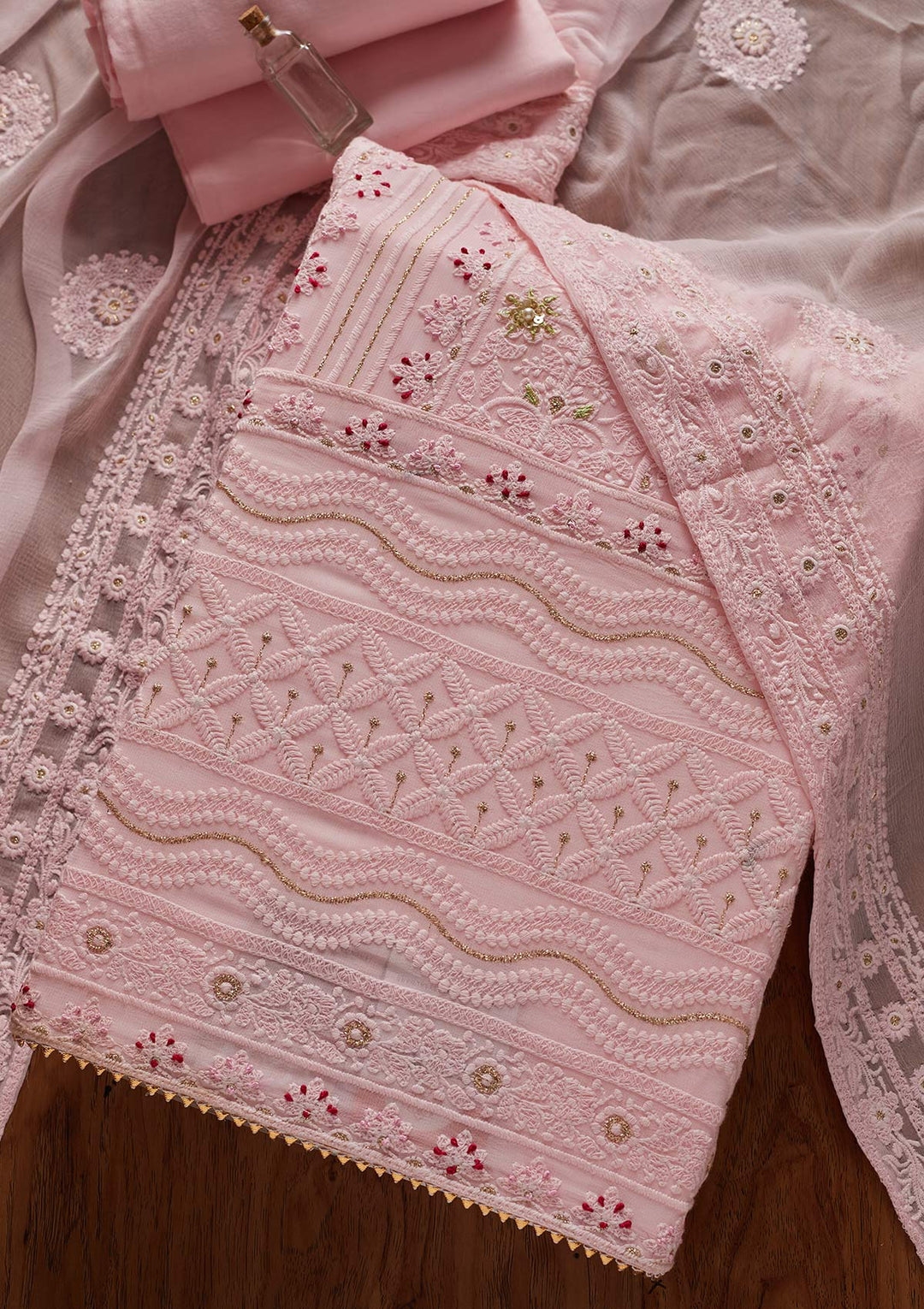 Baby Pink Chikankari Georgette Designer Unstitched Salwar Suit - koskii