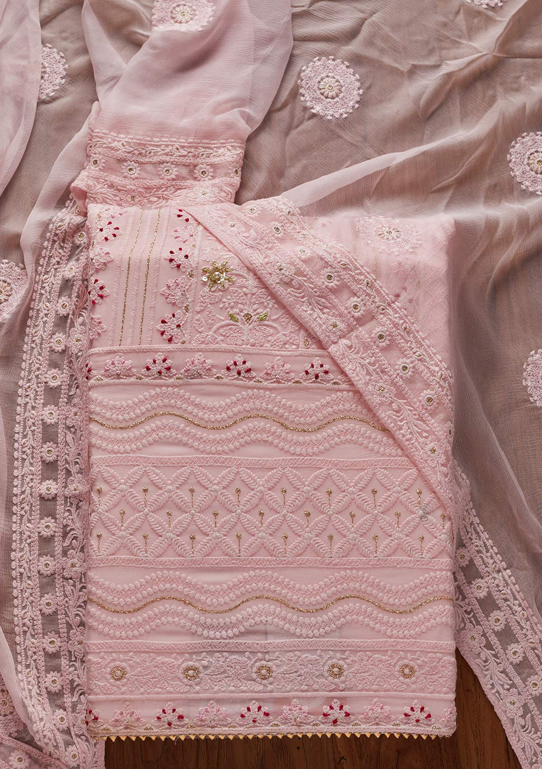 Baby Pink Chikankari Georgette Designer Unstitched Salwar Suit - koskii