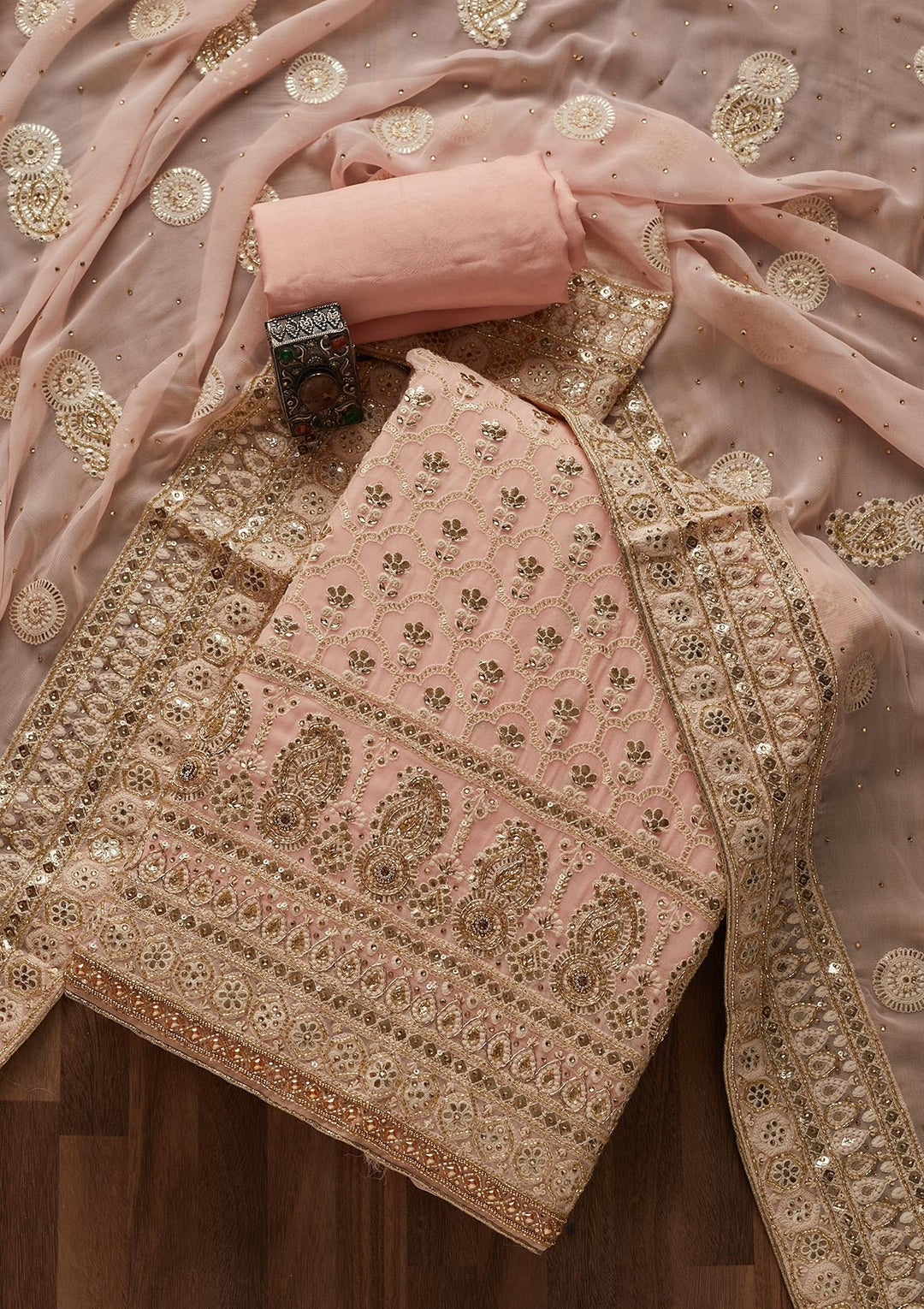 Baby Pink Cutdana Georgette Designer Unstitched Salwar Suit - Koskii