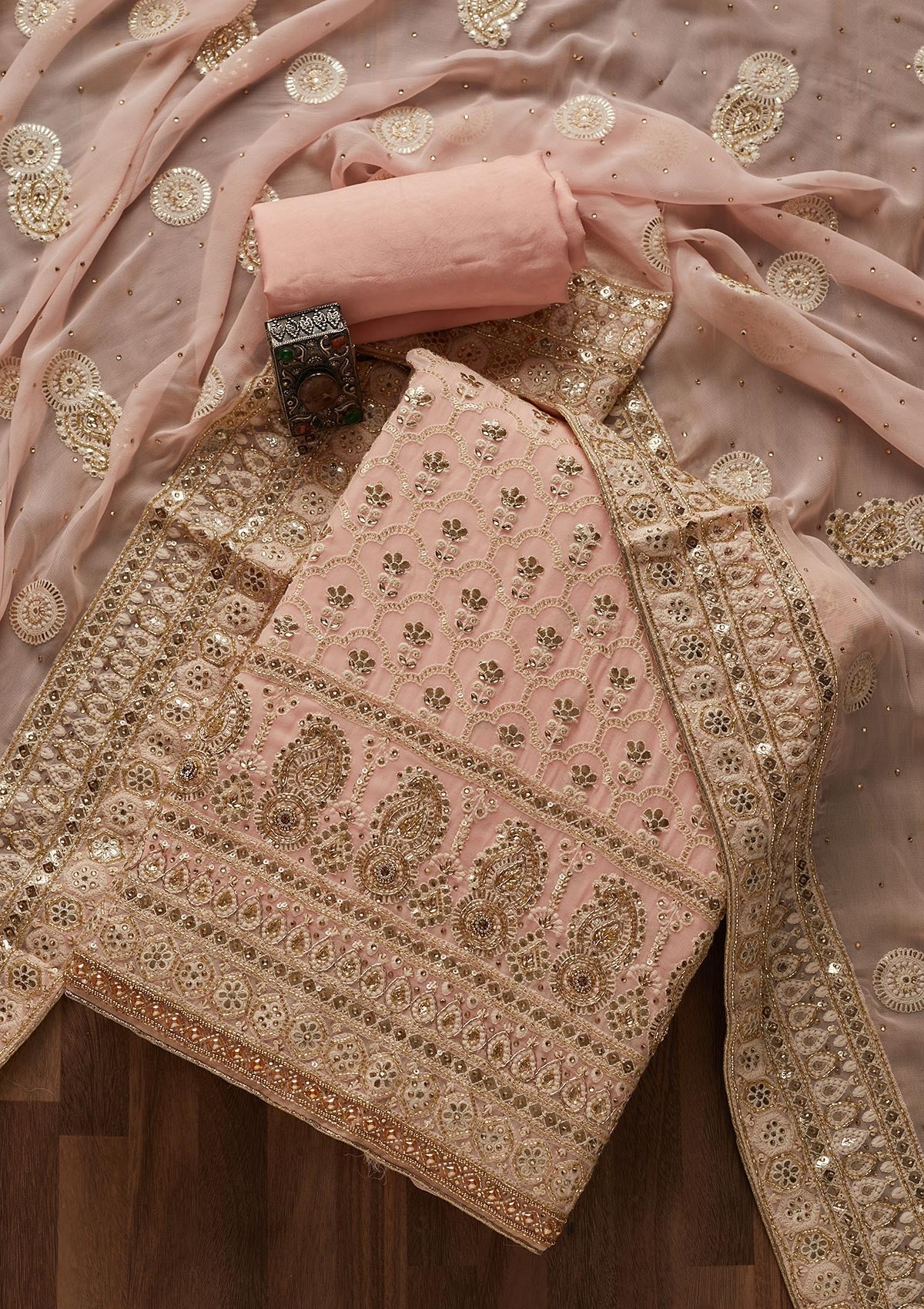 Baby Pink Cutdana Georgette Designer Unstitched Salwar Suit - Koskii