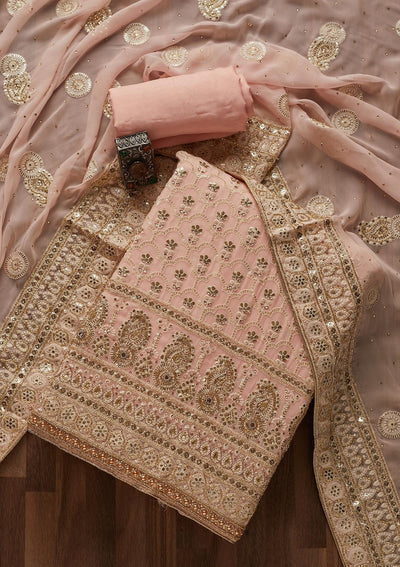 Baby Pink Cutdana Georgette Designer Unstitched Salwar Suit - Koskii