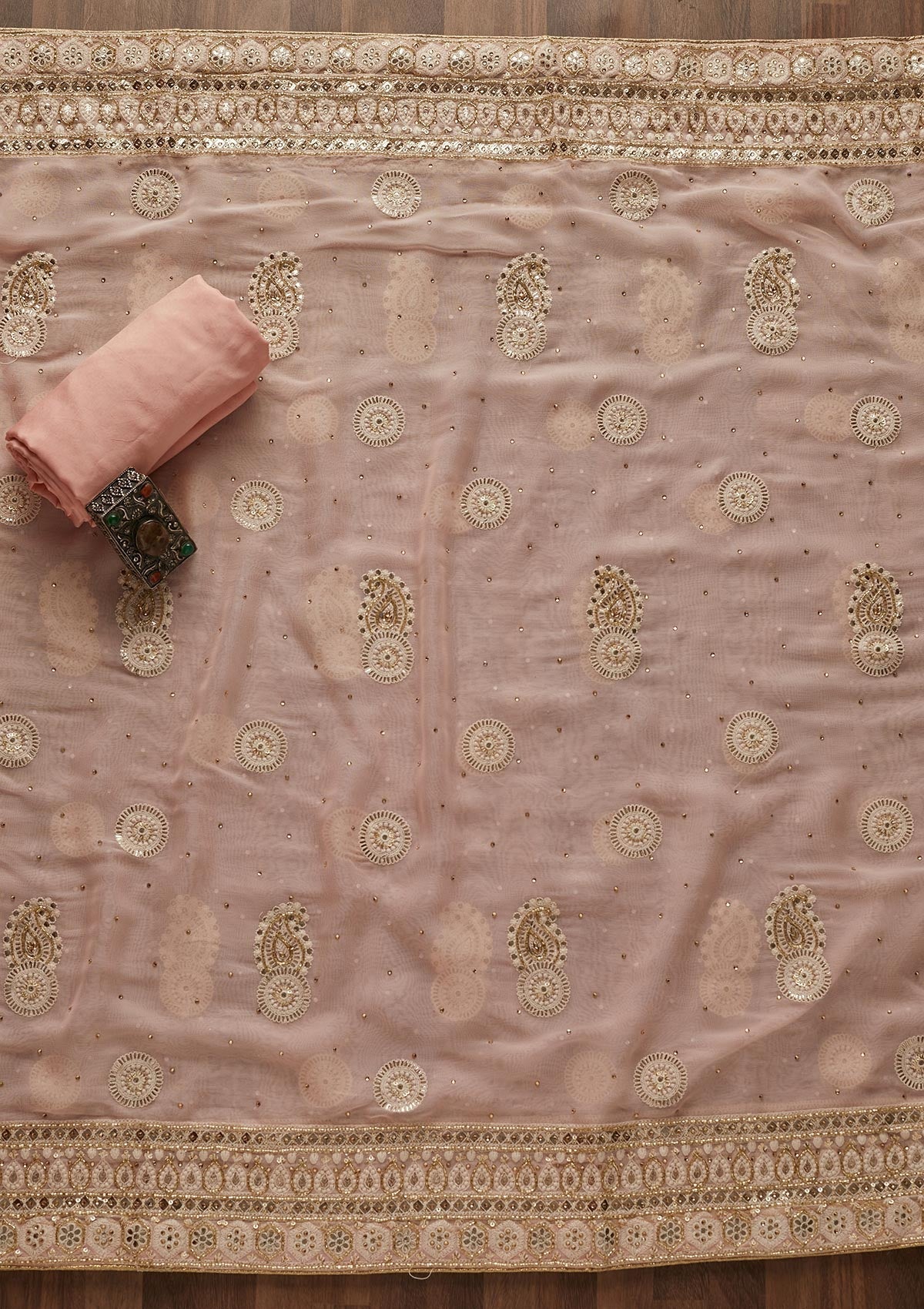 Baby Pink Cutdana Georgette Designer Unstitched Salwar Suit - Koskii
