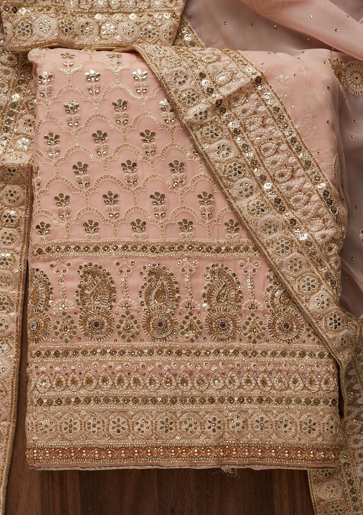 Baby Pink Cutdana Georgette Designer Unstitched Salwar Suit - Koskii