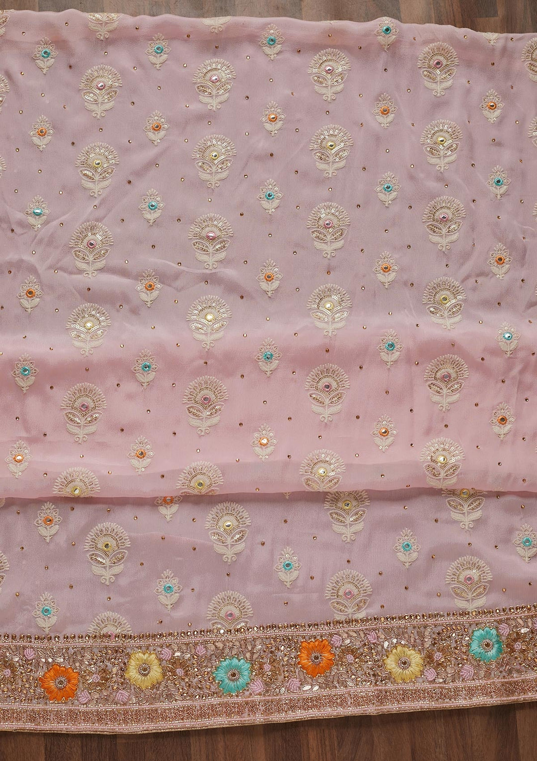 Baby Pink Cutdana Georgette Unstitched Salwar Suit - Koskii