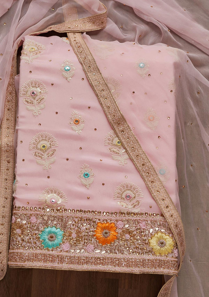 Baby Pink Cutdana Georgette Unstitched Salwar Suit - Koskii