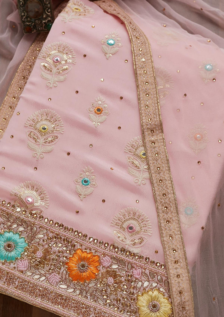 Baby Pink Cutdana Georgette Unstitched Salwar Suit - Koskii