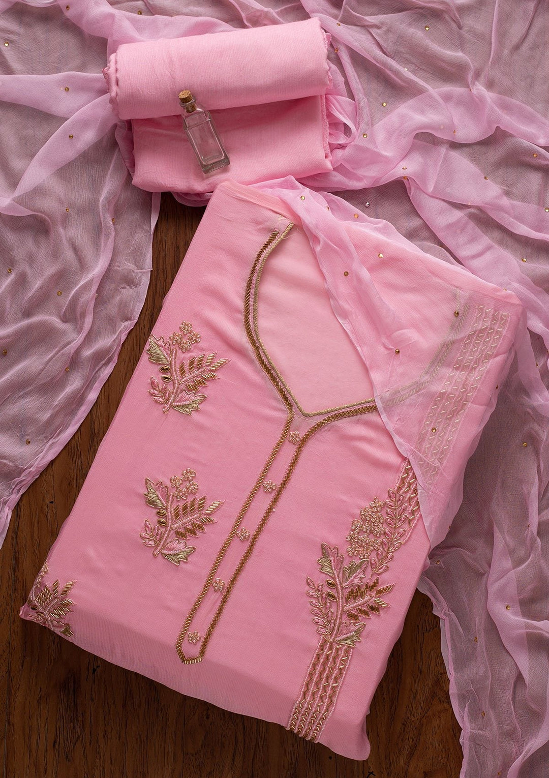 Baby Pink Cutdana Semi Crepe Designer Unstitched Salwar Suit - koskii