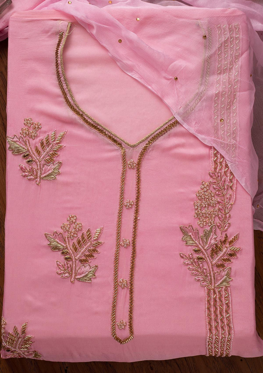 Baby Pink Cutdana Semi Crepe Designer Unstitched Salwar Suit - koskii