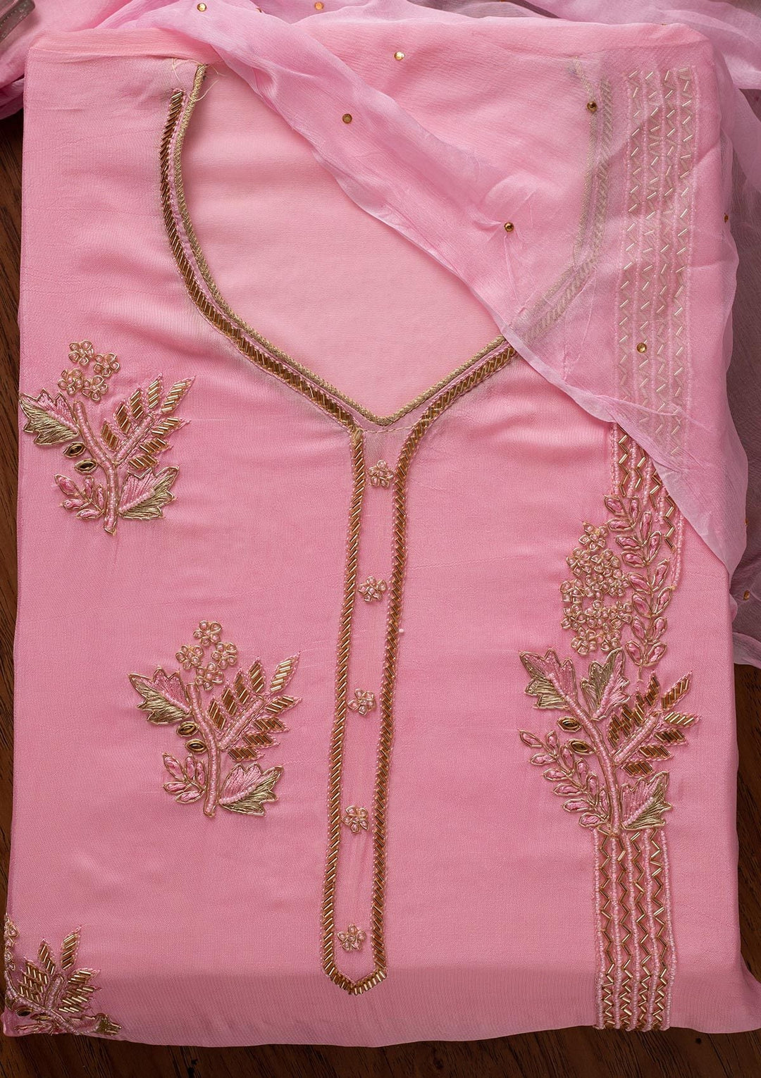 Baby Pink Cutdana Semi Crepe Designer Unstitched Salwar Suit - koskii