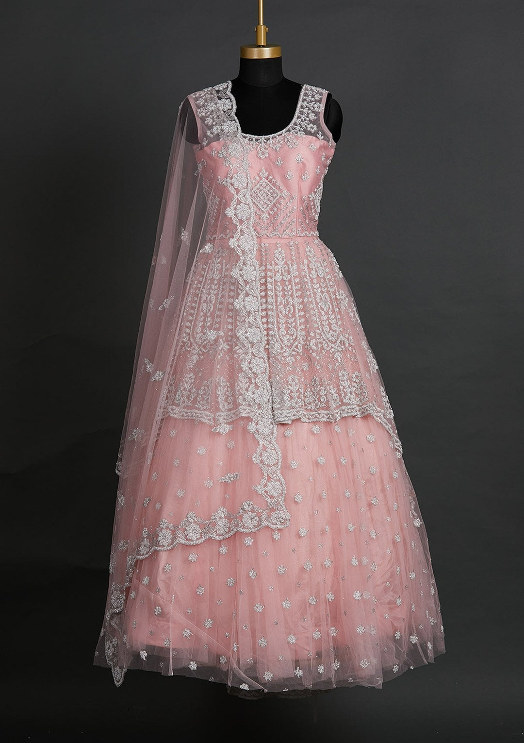 Baby Pink Glitter Net Designer Lehenga - Koskii