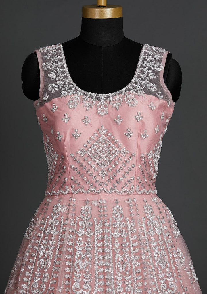 Baby Pink Glitter Net Designer Lehenga - Koskii