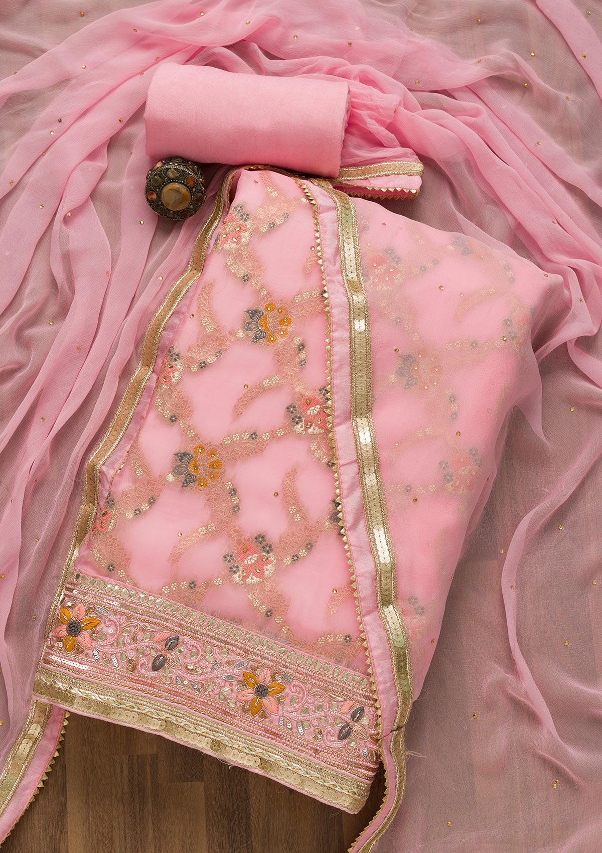 Baby Pink Gotapatti Chanderi Unstitched Salwar Suit-Koskii