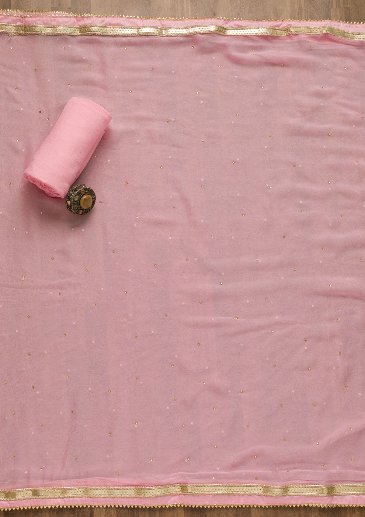 Baby Pink Gotapatti Chanderi Unstitched Salwar Suit-Koskii