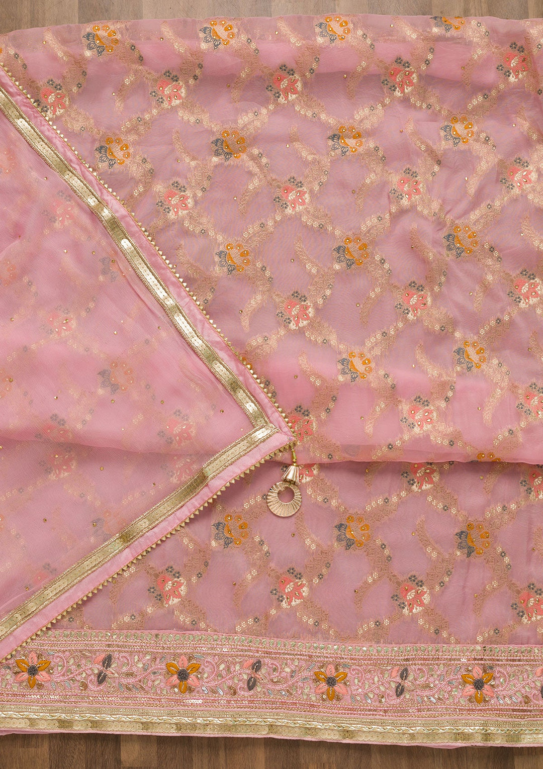 Baby Pink Gotapatti Chanderi Unstitched Salwar Suit-Koskii