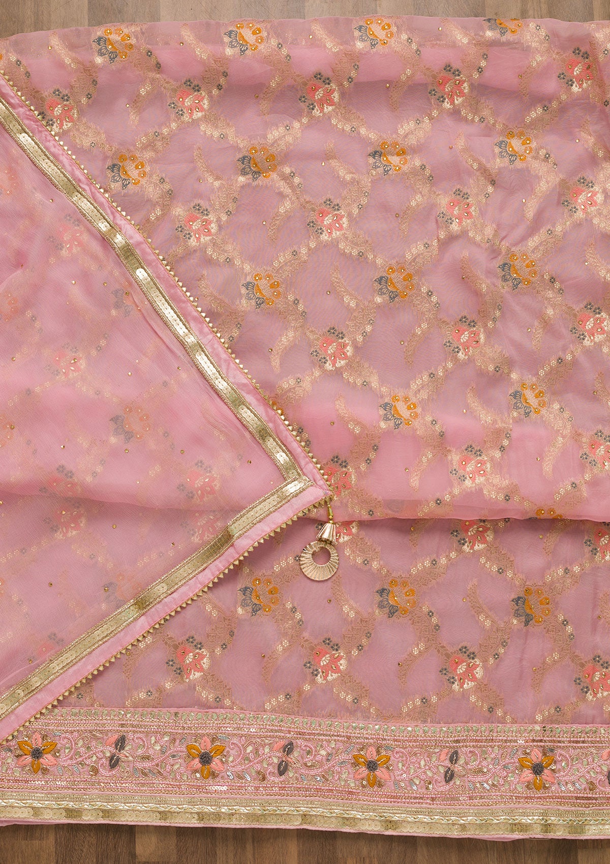 Baby Pink Gotapatti Chanderi Unstitched Salwar Suit-Koskii