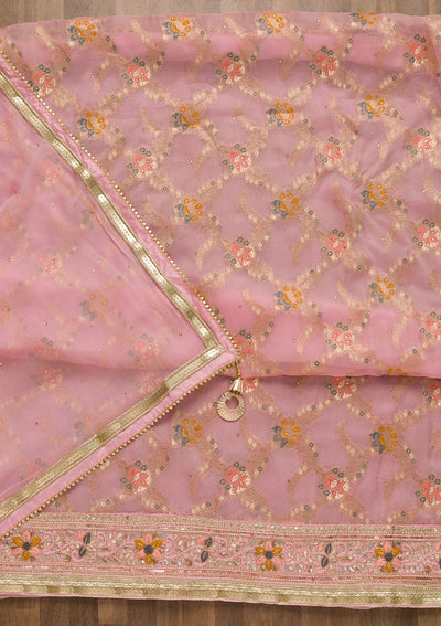 Baby Pink Gotapatti Chanderi Unstitched Salwar Suit-Koskii