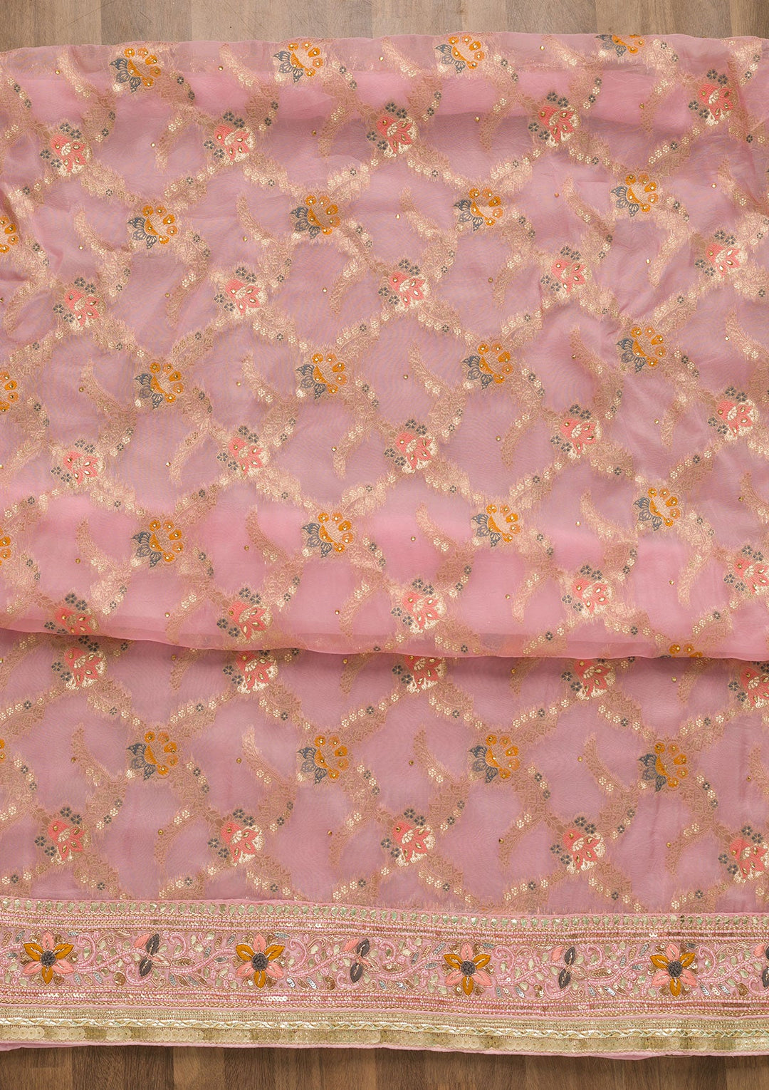 Baby Pink Gotapatti Chanderi Unstitched Salwar Suit-Koskii