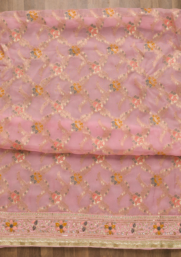 Baby Pink Gotapatti Chanderi Unstitched Salwar Suit-Koskii
