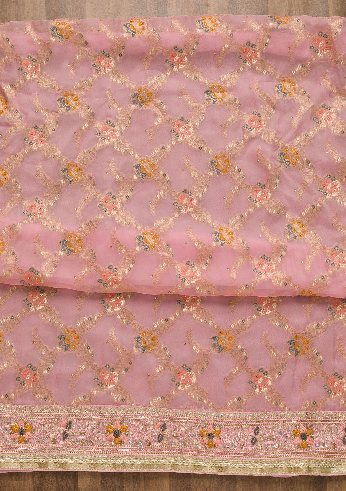 Baby Pink Gotapatti Chanderi Unstitched Salwar Suit-Koskii