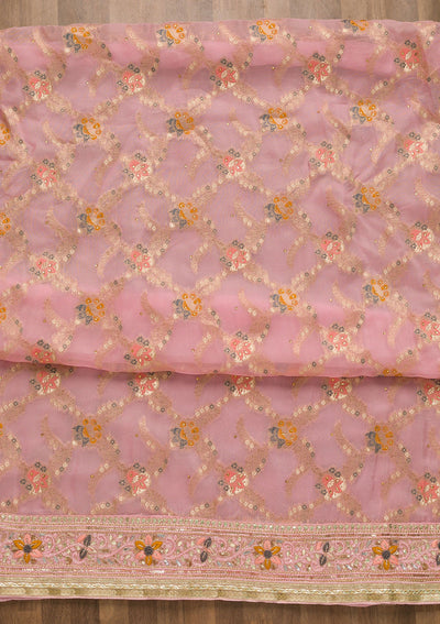 Baby Pink Gotapatti Chanderi Unstitched Salwar Suit-Koskii